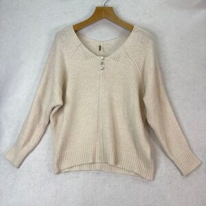 Free People Cream Henley Pointelle Knit Sweater Womens Large Boho Minimalist
